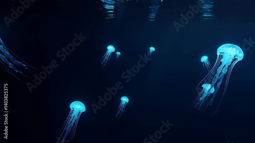 Glowing Jellyfish Floating Serenely in Dark Ocean Water Slow Motion