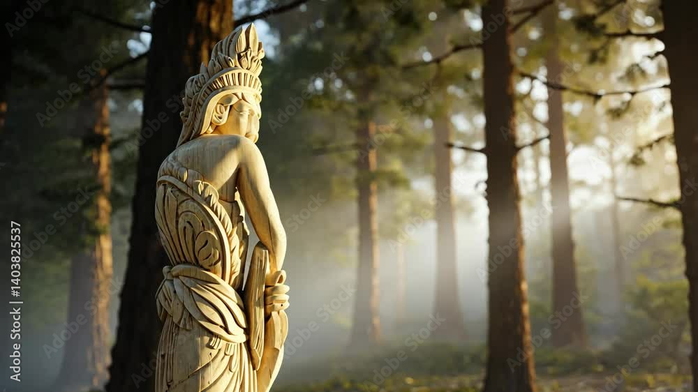 Sculpted statue of a mythical goddess standing peacefully in a sunny forest with bright beams of sunlight illuminating the natural environment Sculpted statue of a mythical goddess standing peacefully in a sunny forest with bright beams of sunlight illuminating the natural environment