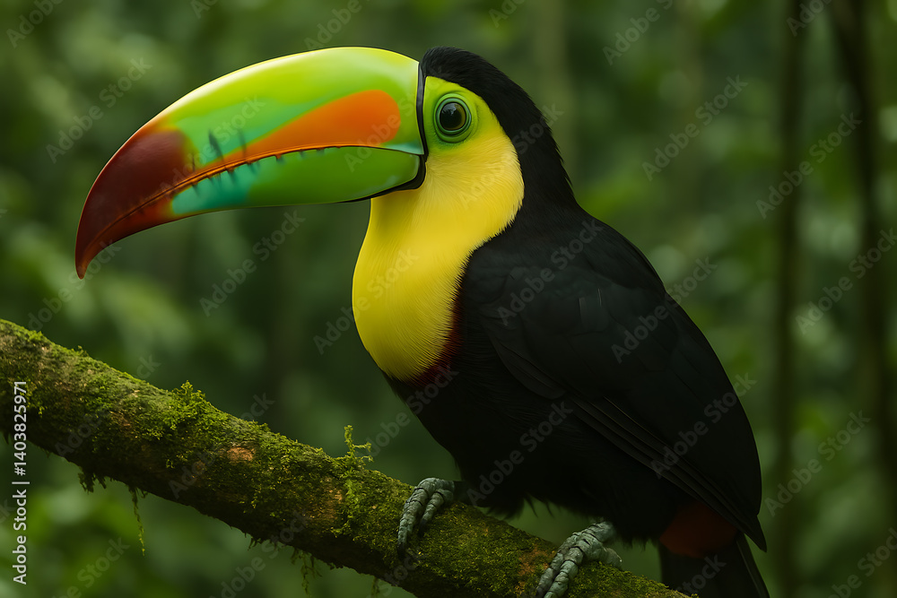 Naklejka premium Keel-billed toucan on moss-covered branch in lush rainforest environment.