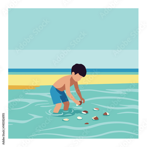 Boy collecting seashells in shallow water with flat vector illustration style