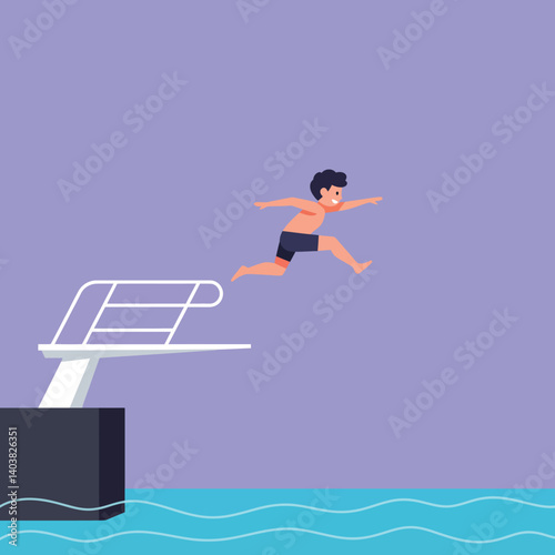 Boy diving from a platform into water in minimal flat vector art