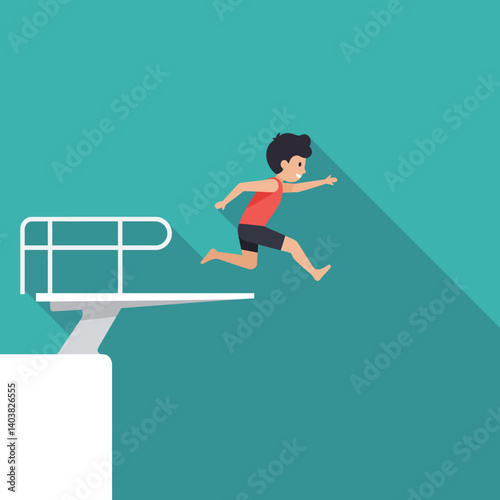 Boy jumping off diving board in flat design vector art
