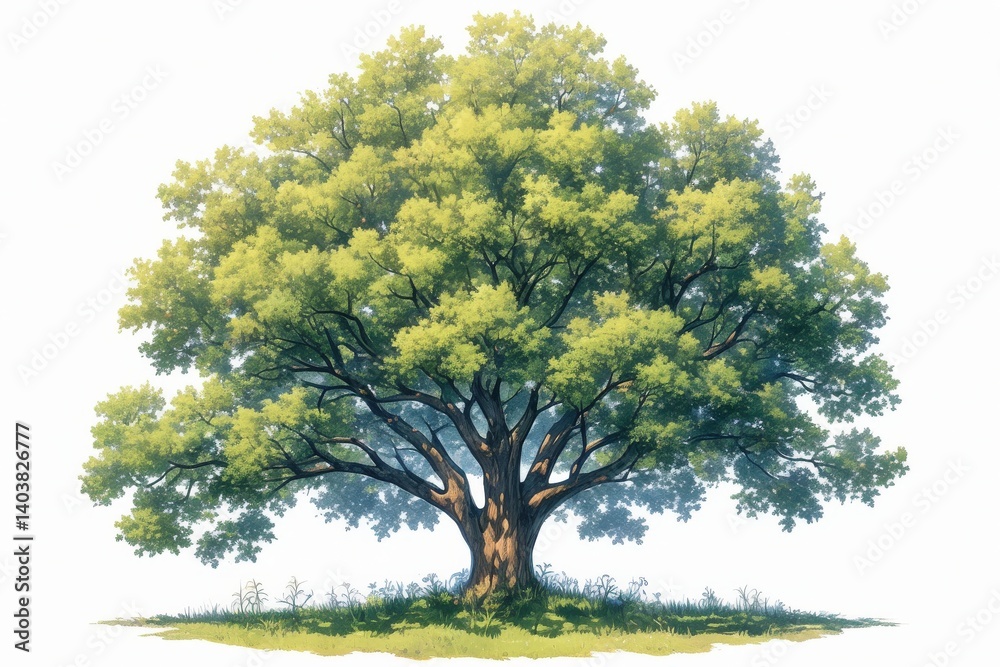 Fototapeta premium Large, solitary tree, with dense, green foliage and textured bark