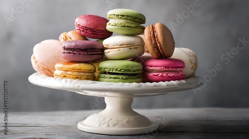 Colorful macarons piled high on a decorative stand.