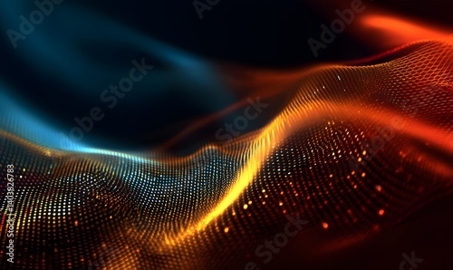 Abstract glowing orange and blue wave pattern against a dark background with bokeh effect details