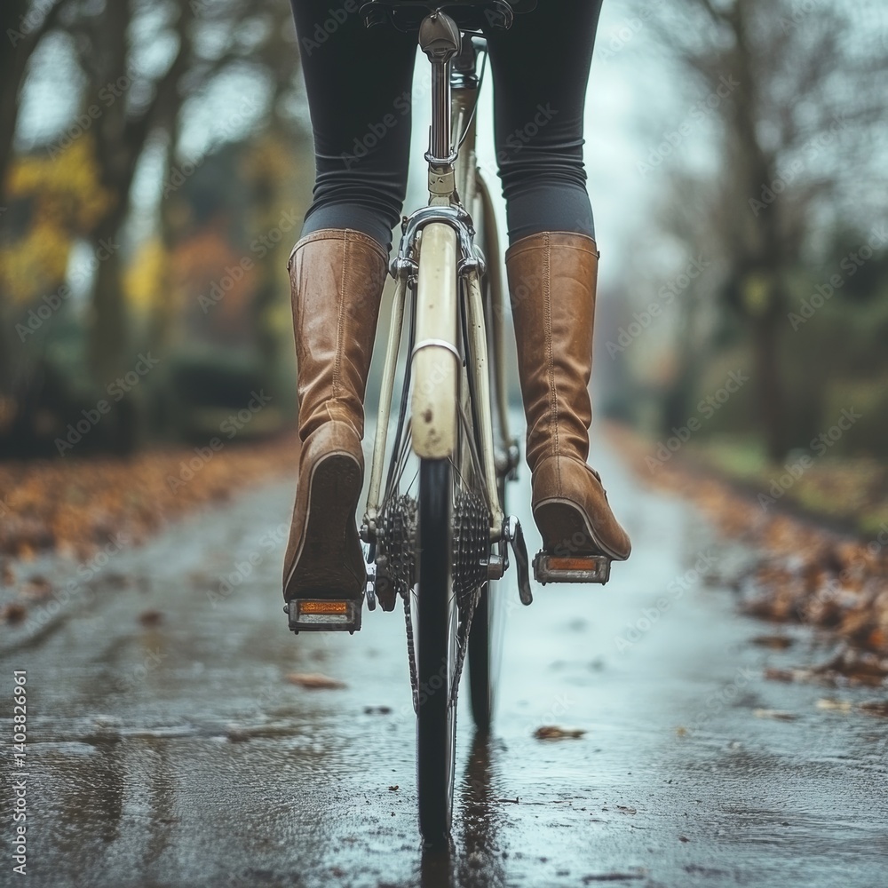 Naklejka premium Autumn Biking Journey Through a Colorful Forest Path With Fallen Leaves on the Ground