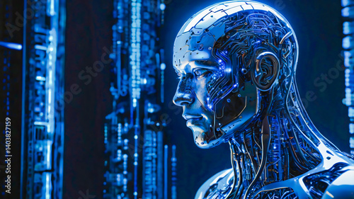Wallpaper Mural Futuristic AI Superintelligence – Human Facing a Massive Digital Brain Interface,  Represents advanced technology, superintelligence, digital consciousness, and the future of human-AI interaction. Torontodigital.ca