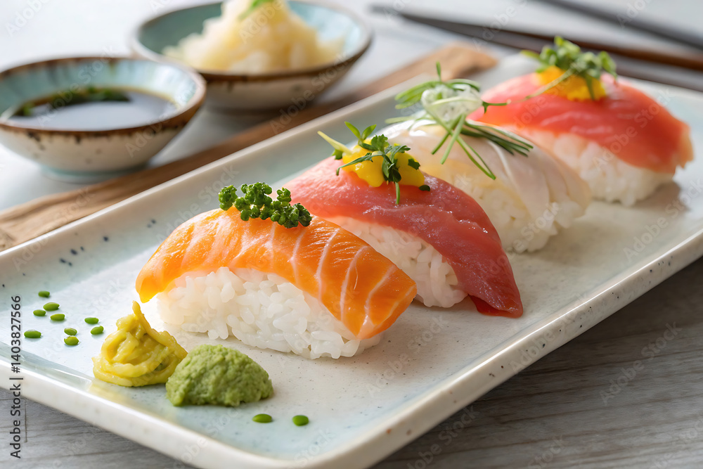 Fresh Nigiri Sushi on Minimal Plate – A Japanese Culinary Classic. Fresh Nigiri Sushi on Minimal Plate – A Japanese Culinary Classic.