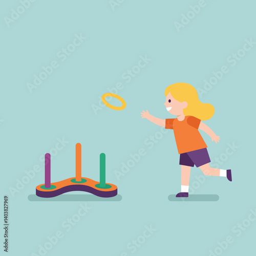 Child playing with colorful ring toss game in flat vector art
