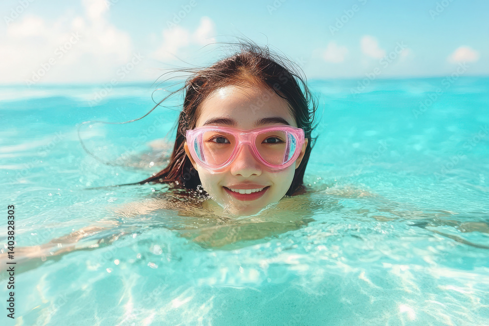 Naklejka premium A joyful young woman enjoys swimming in clear turquoise waters, wearing colorful goggles under a bright blue sky.