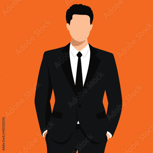 A faceless man in a black suit, white shirt, and black tie stands against a vibrant orange backdrop.