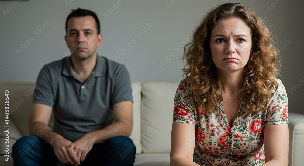 Arguing couple with bad relationship concept. Stressed unhappy wife and dissatisfied husband sitting on couch at home. Selective focus Arguing couple with bad relationship concept. Stressed unhappy wife and dissatisfied husband sitting on couch at home. Selective focus