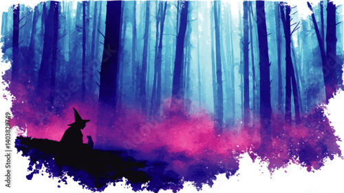 Mystical Fantasy Vector Illustration of Witch and Cat in Magical Misty Forest with Enchanting Pink Blue Fog Halloween Witchcraft Magic Conceptual Art Design Background