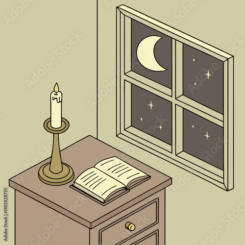 Vector of nightstand with candle, book, and moon outside window
