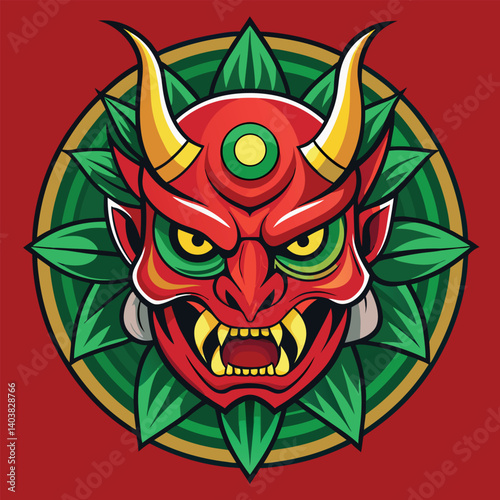 vector logo design of a fierce demon face with horns and sharp teeth, featuring traditional Japanese style and bold colors for branding

