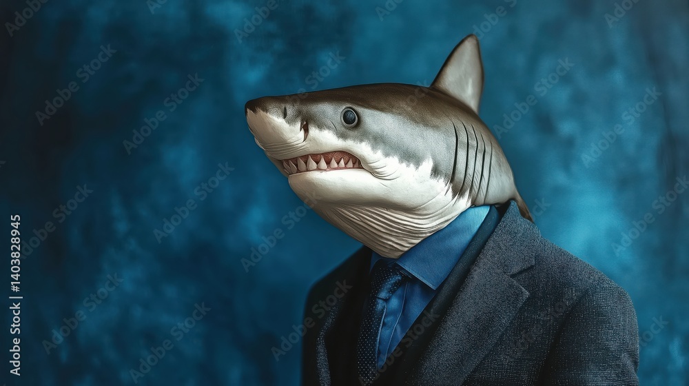 Fototapeta premium Shark dressed as a businessman on a blue background.
