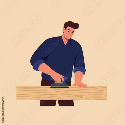 Man smoothing wood surface with electric sander in flat vector art