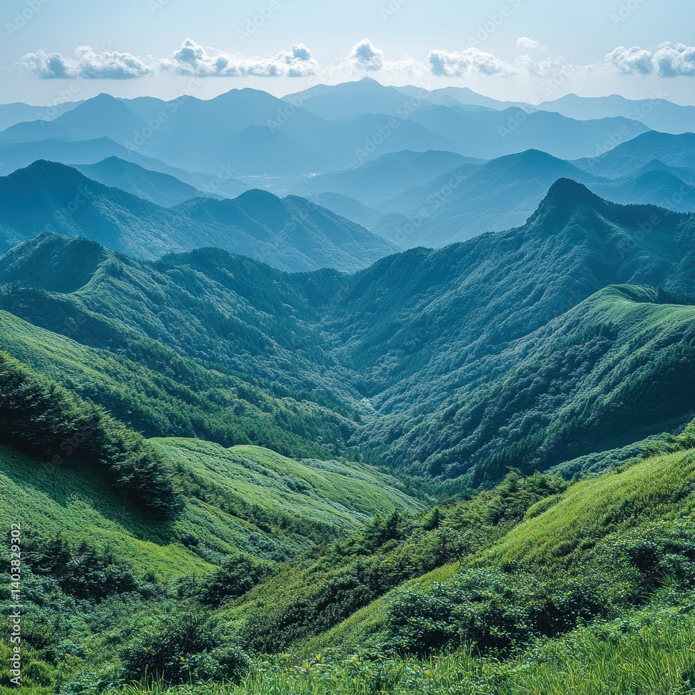 Fototapeta premium Serene Mountain Panorama: A Breathtaking View of Rolling Green Hills