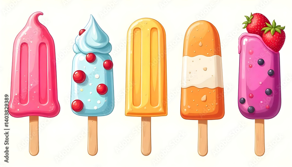 Colorful and appetizing popsicles arrayed against a white backdrop, perfect for summer and treats. Colorful and appetizing popsicles arrayed against a white backdrop, perfect for summer and treats.