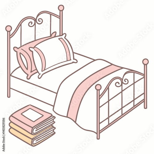 Vector icon of a cozy bed with fluffy pillows and a blanket folded neatly