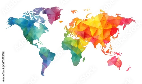 A colorful geometric world map illustration with a polygonal design on a white background showing continents