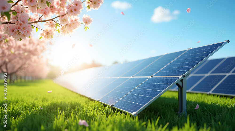 Solar panels in a field with blooming branches in spring sunlight eco energy concep
