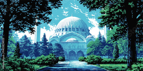 Stunning Blue Sky Vector Illustration of Grand Majestic White Architectural Mosque Framed by Green Trees and Lush Gardens Peaceful Religious Landmark Scene Artwork