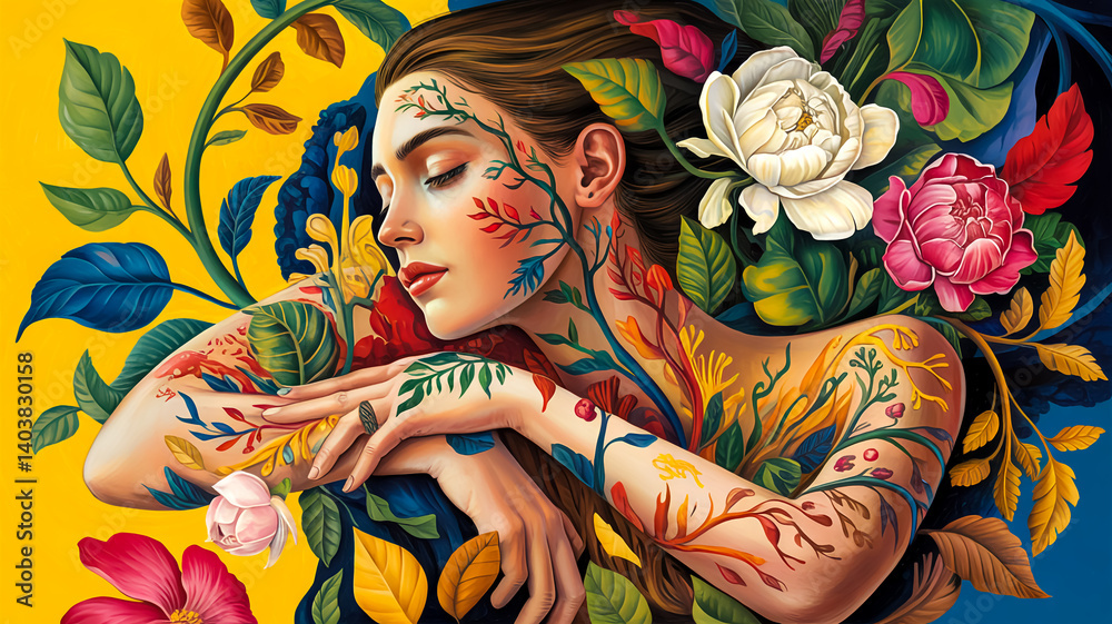 Fototapeta premium A hyperrealistic digital portrait of a serene side-facing figure with chestnut hair and shut eyes, immersed in an explosion of vivid plant life, with intricately detailed vines adorning their skin
