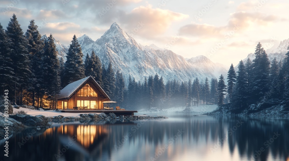 Fototapeta premium Cozy Cabin Illuminated at Twilight Beside a Serene Lake With Majestic Mountains in the Background