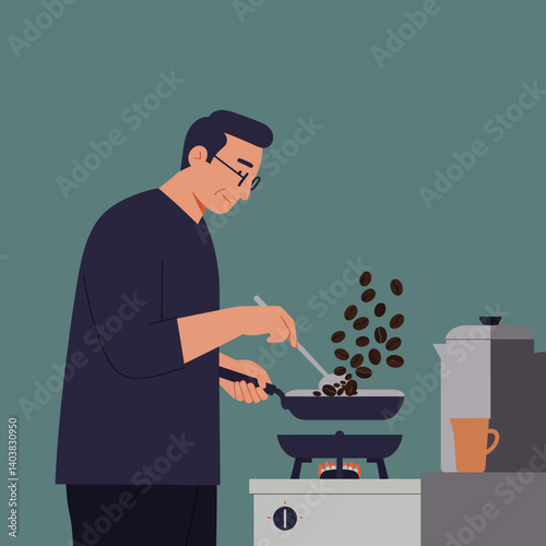 Person cooking coffee beans in flat minimal vector art illustration