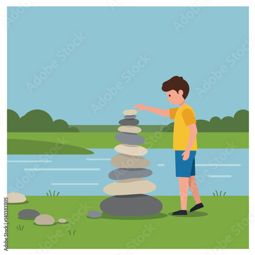 Child stacking stones by a river in flat minimal vector art