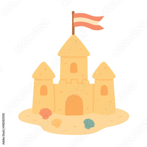 Flat cartoon sandcastle with colorful seashells and waving flag, cute summer beach vector illustration.