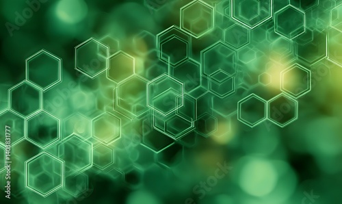 Abstract green background with overlapping glowing hexagons creating a network effect design