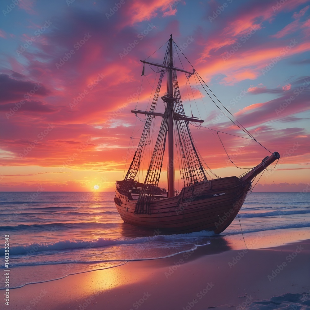 Fototapeta premium sailing ship in the sunset