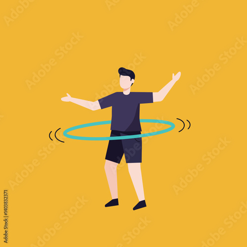 Young man enjoying hula hooping in flat minimal vector art illustration