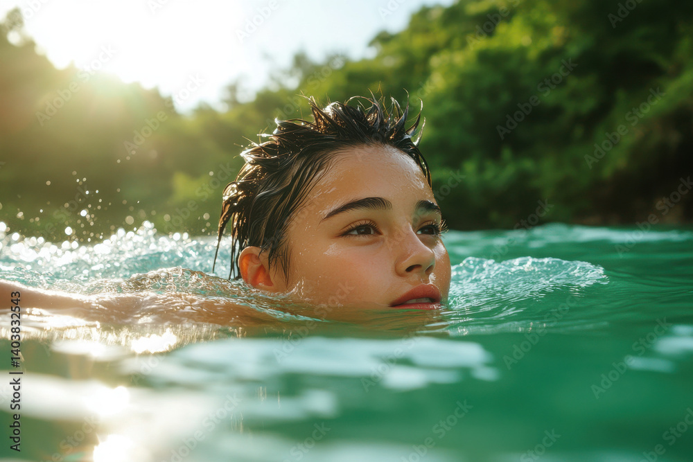 Obraz premium A serene moment of a young person swimming in a tranquil green lake surrounded by nature, capturing joy and peace in water.