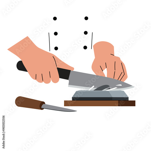 Chef sharpening knife using whetstone in flat style vector art