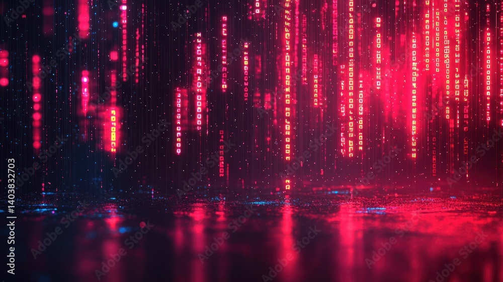 Fototapeta premium Digital Rain: Abstract Cyberpunk Red Binary Code Stream