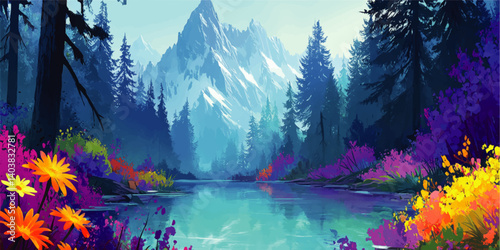 Stunning Vector Illustration of Majestic Mountain Landscape with Vibrant Wildflowers Crystal Clear Lake Tall Pine Trees and Peaceful Natural Scenic Wilderness View