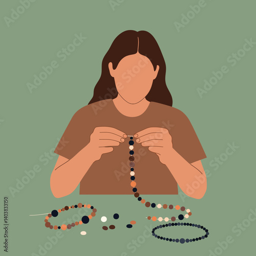 Person crafting jewelry with beads in flat vector illustration style