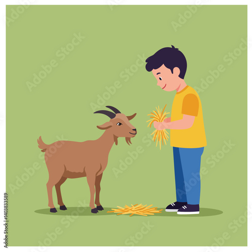 Boy feeding a goat with straw in flat vector illustration