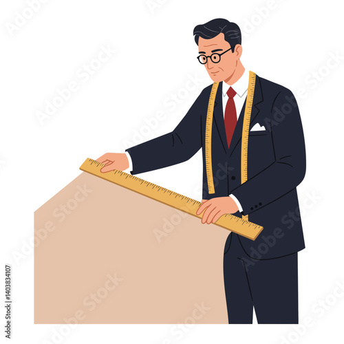 Professional tailor measuring fabric with ruler in minimal vector art style vector illustration