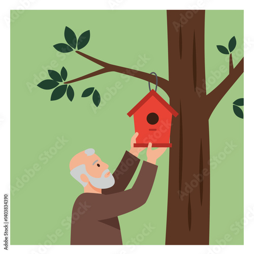 Elderly man attaching a red birdhouse to a tree in flat vector art