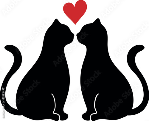 Romantic Black Cat Couple Silhouette with Red Heart – Minimalist Love Illustration.