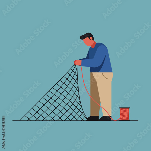 Fisherman preparing fishing net in flat design style vector illustration