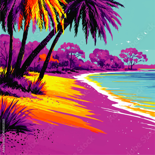 Vibrant Colorful Tropical Beach Vector Landscape Illustration with Palm Trees and Ocean Waves Exotic Paradise Scene for Summer Holidays Travel and Nature Backgrounds