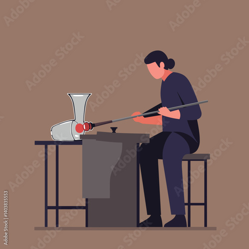 Glassblower shaping molten glass with precision in flat vector art