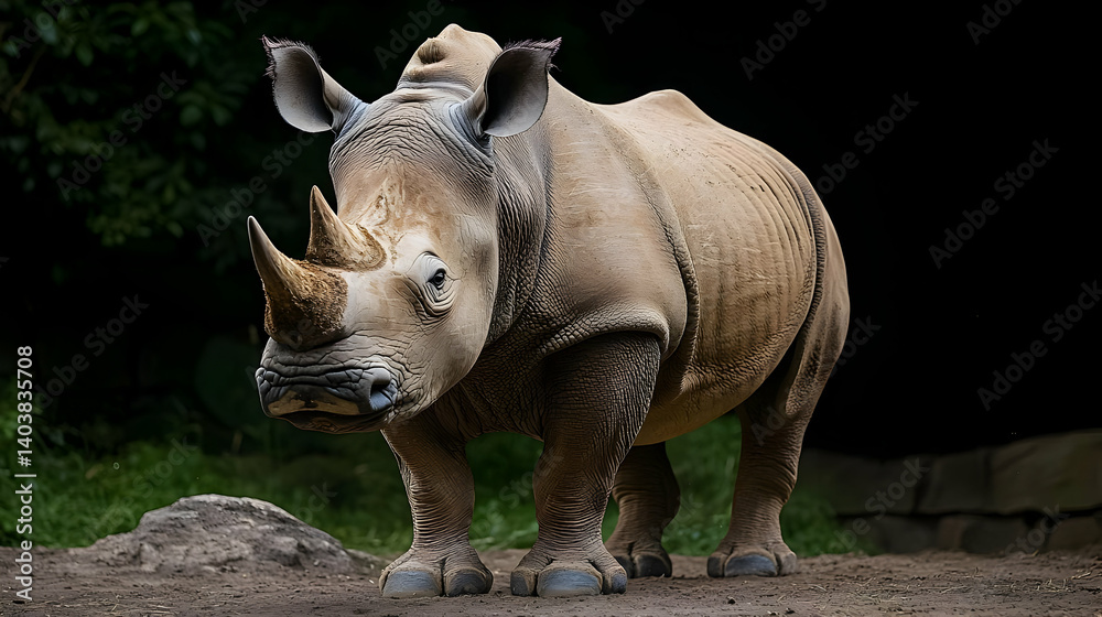 Fototapeta premium White Rhinoceros In A Dark Background With Textured Skin And A Single Horn