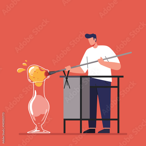 Glassblower shaping liquid glass into a beautiful vase in flat vector art