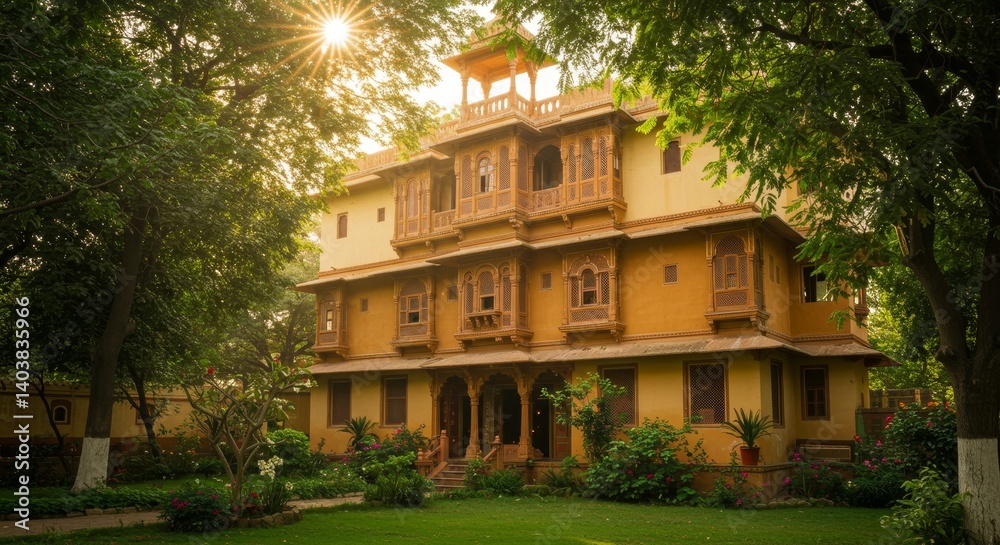 Obraz premium Historic Haveli in Lush Garden Setting - A beautiful ochre-colored haveli stands majestically amidst vibrant greenery, bathed in the warm glow of the setting sun